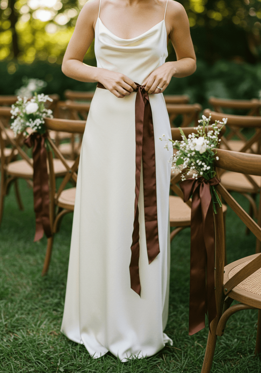 Detail shot of bride adjusting elegant brown silk ribbon sash at waist in garden wedding setting