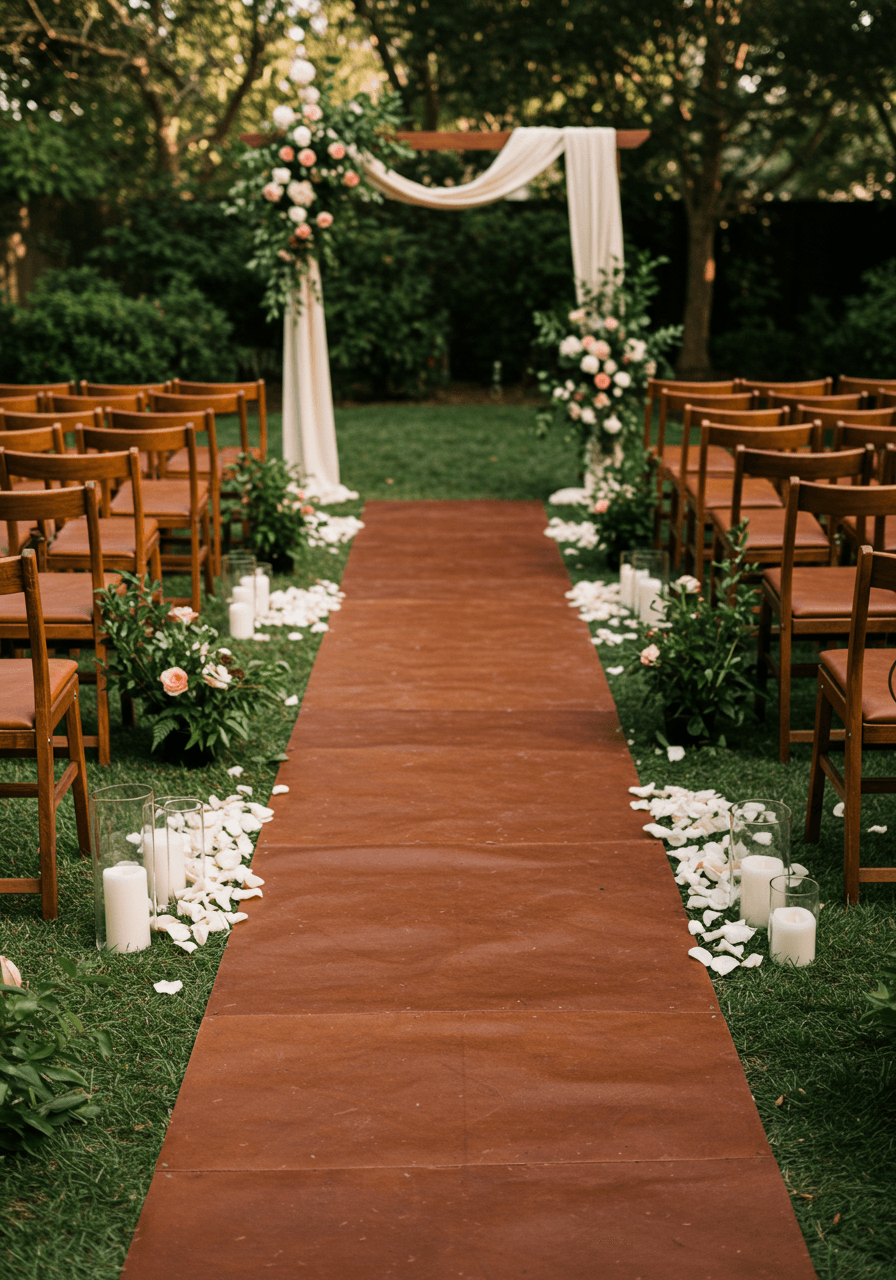 Wide shot of wedding ceremony aisle featuring rich cognac brown leather runners flanked by wooden chairs