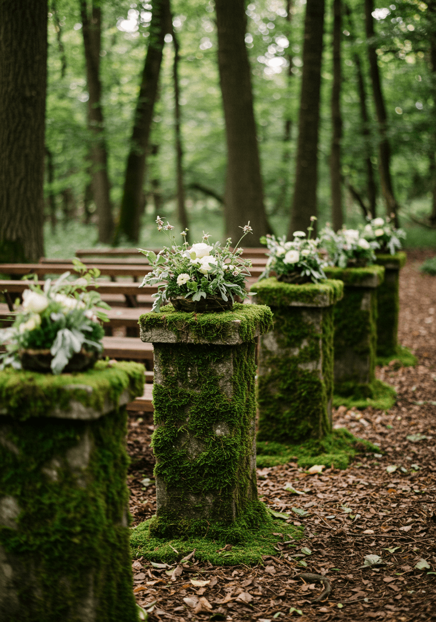 Rustic wedding aisle lined with moss-covered stone pedestals topped with greenery in enchanted forest clearing