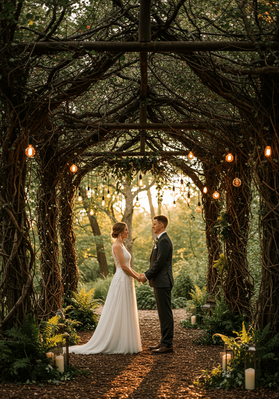 Bride and groom exchanging vows beneath dramatic canopy of intertwined brown branches in enchanted forest