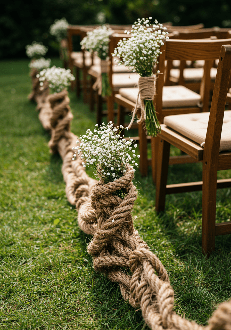 Aerial view of garden ceremony space with natural jute rope borders and scattered white flower accents