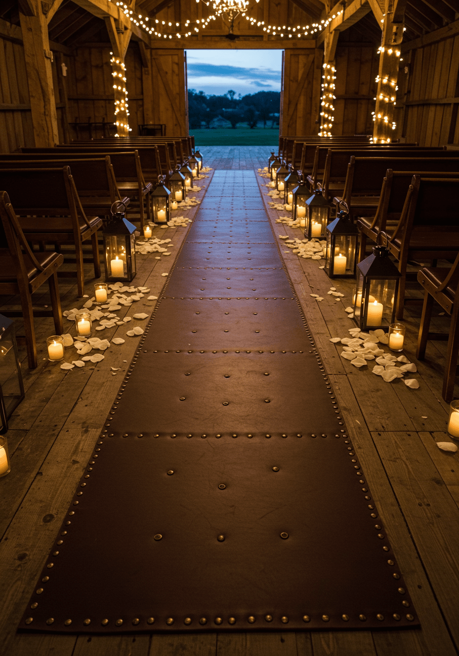 Overview of barn wedding venue with hand-tooled leather aisle runner and vintage lanterns
