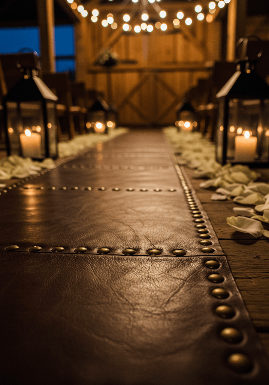 Close-up of luxurious chocolate brown leather aisle runner with brass studs and white rose petals