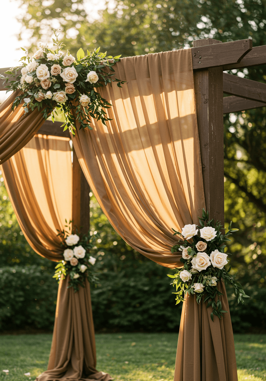 Detail view of flowing mocha brown chiffon and silk draped elegantly on ceremony arch