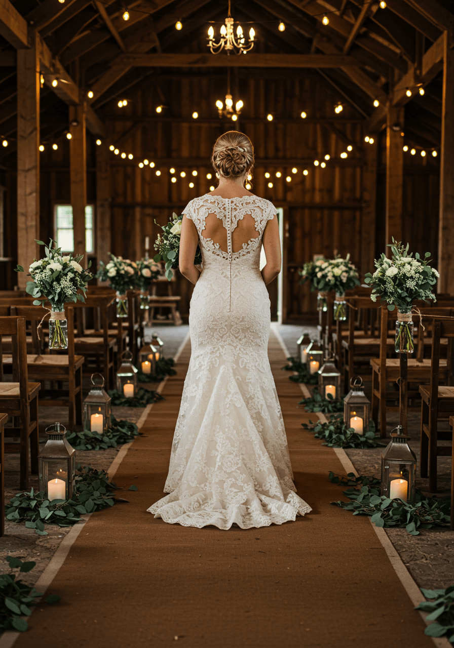 Bride in ivory lace dress walking down burlap aisle lined with mason jar lanterns in rustic barn venue