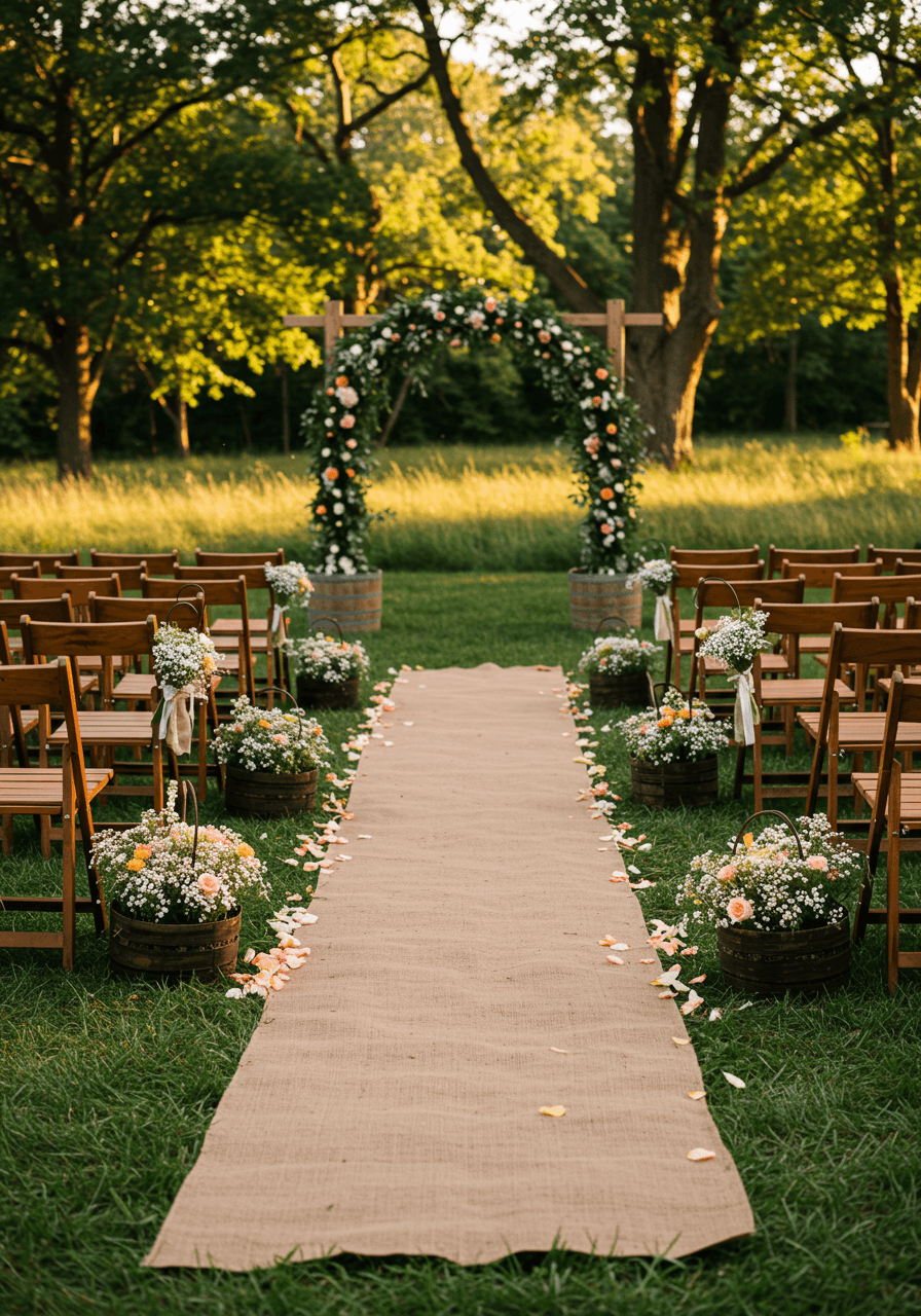 Rustic outdoor wedding ceremony with brown burlap aisle runner stretching between wooden chairs in golden hour sunlight