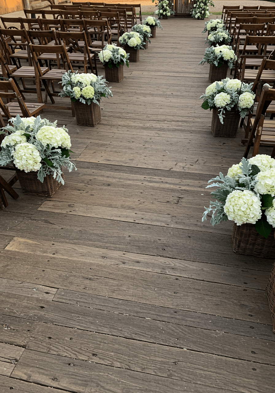 Aerial view of brown wicker baskets with white flowers positioned along rustic farm wedding aisle