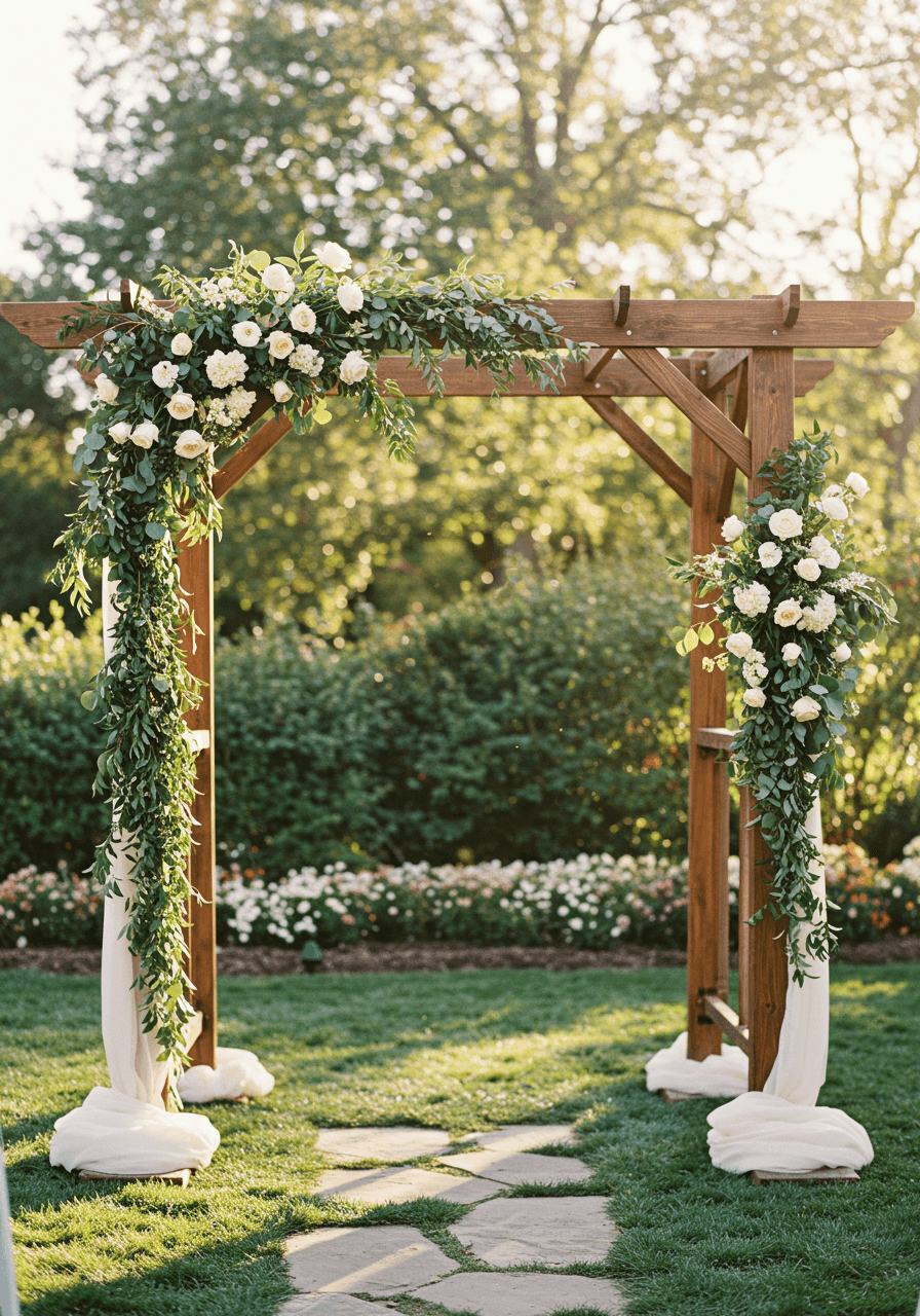 Rustic wooden ceremony arch adorned with cascading brown branches and ivory florals in sunlit garden venue