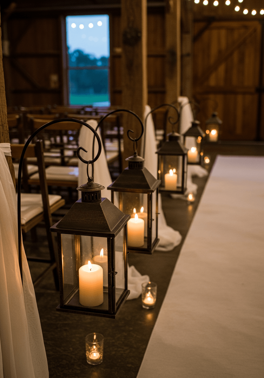 Vintage brown metal lanterns suspended at varying heights along white fabric-draped wedding aisle in barn