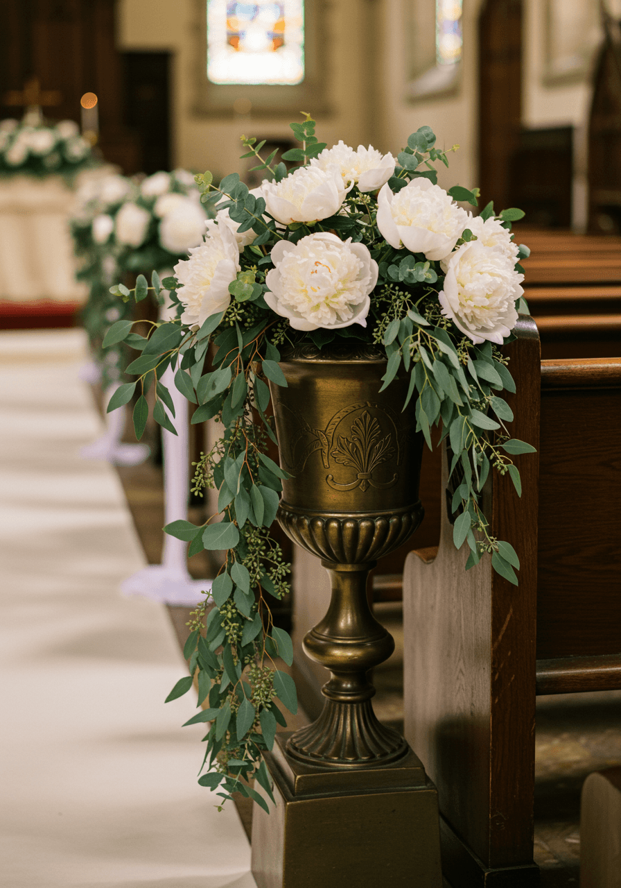 Antique brown brass urn filled with cascading white peonies positioned at church pew along wedding aisle