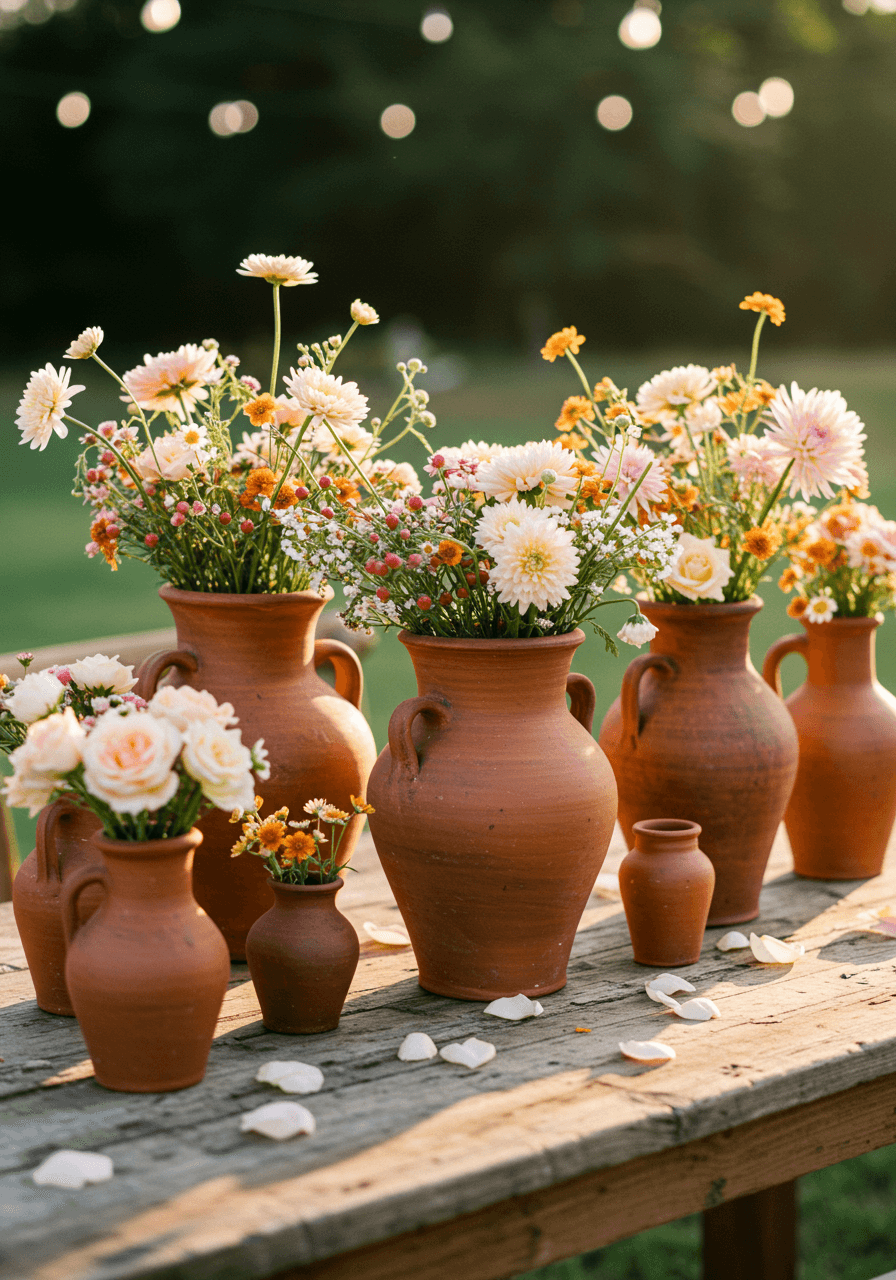 Collection of aged terra cotta vessels in varying sizes filled with wildflower arrangements on rustic wooden table during golden hour
