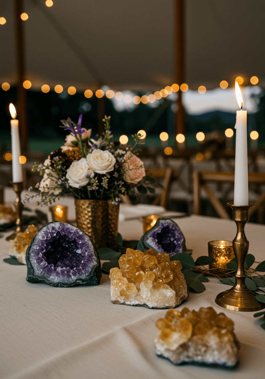 Low angle view of crystal centerpiece showing deep purple amethyst cavities and golden citrine points with warm candlelight