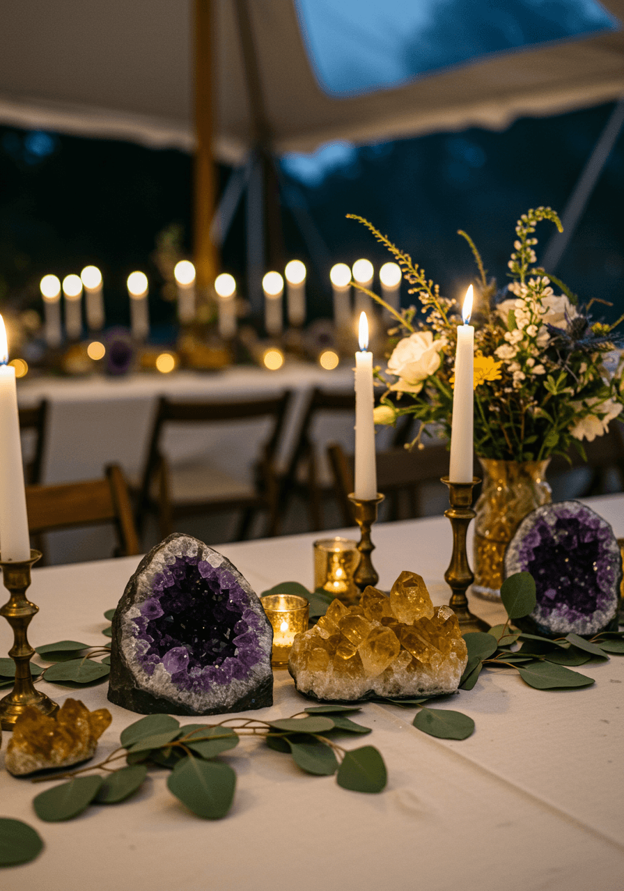 Wedding reception tablescape with unpolished amethyst geodes and raw citrine clusters as centerpieces in elegant outdoor tent during twilight