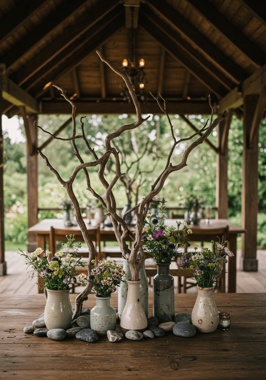 Wide angle view of outdoor garden pavilion wedding table featuring organic driftwood and wildflower centerpiece arrangements with natural lighting