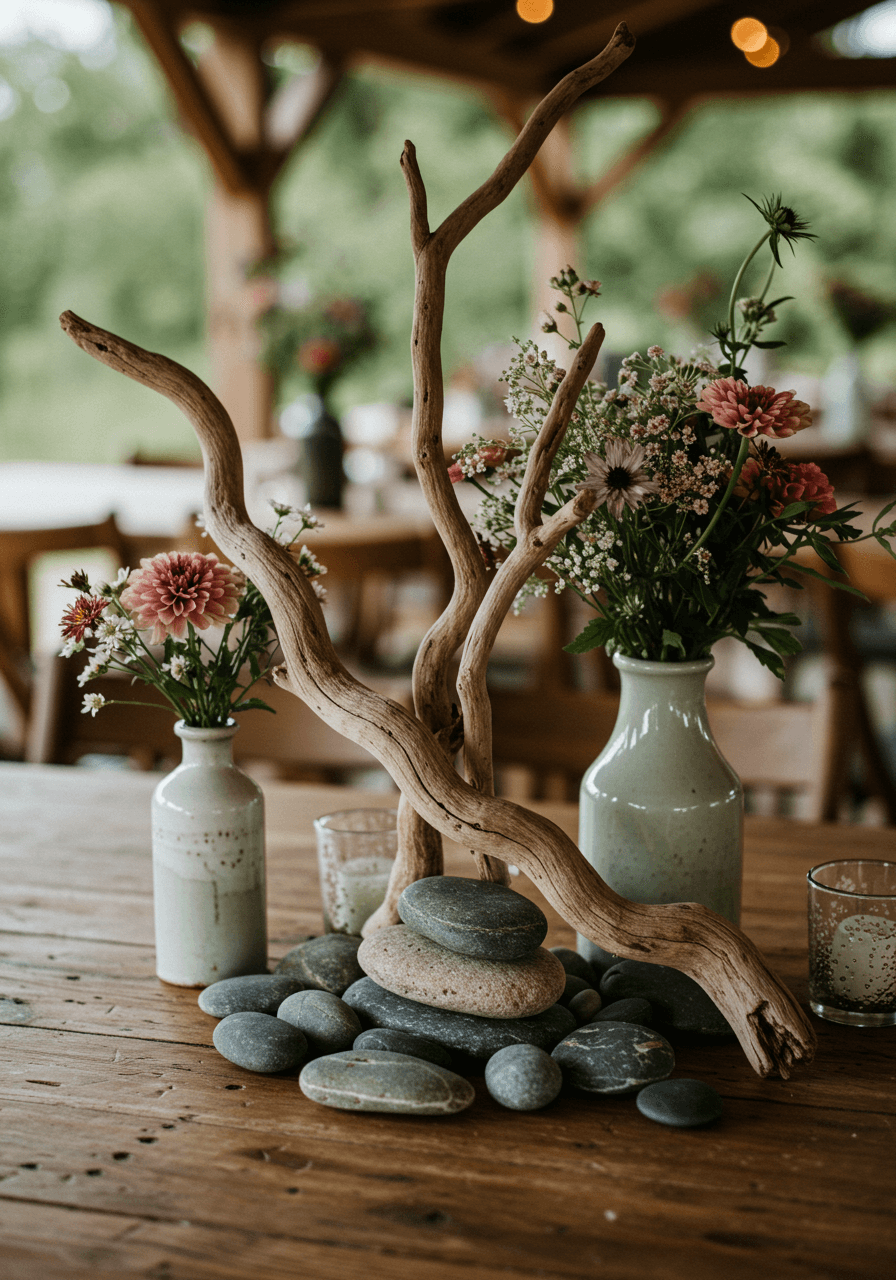 Close-up detail of asymmetrical wedding centerpiece with twisted driftwood branches, wildflowers in vintage vessels, and scattered river stones on rustic wooden table
