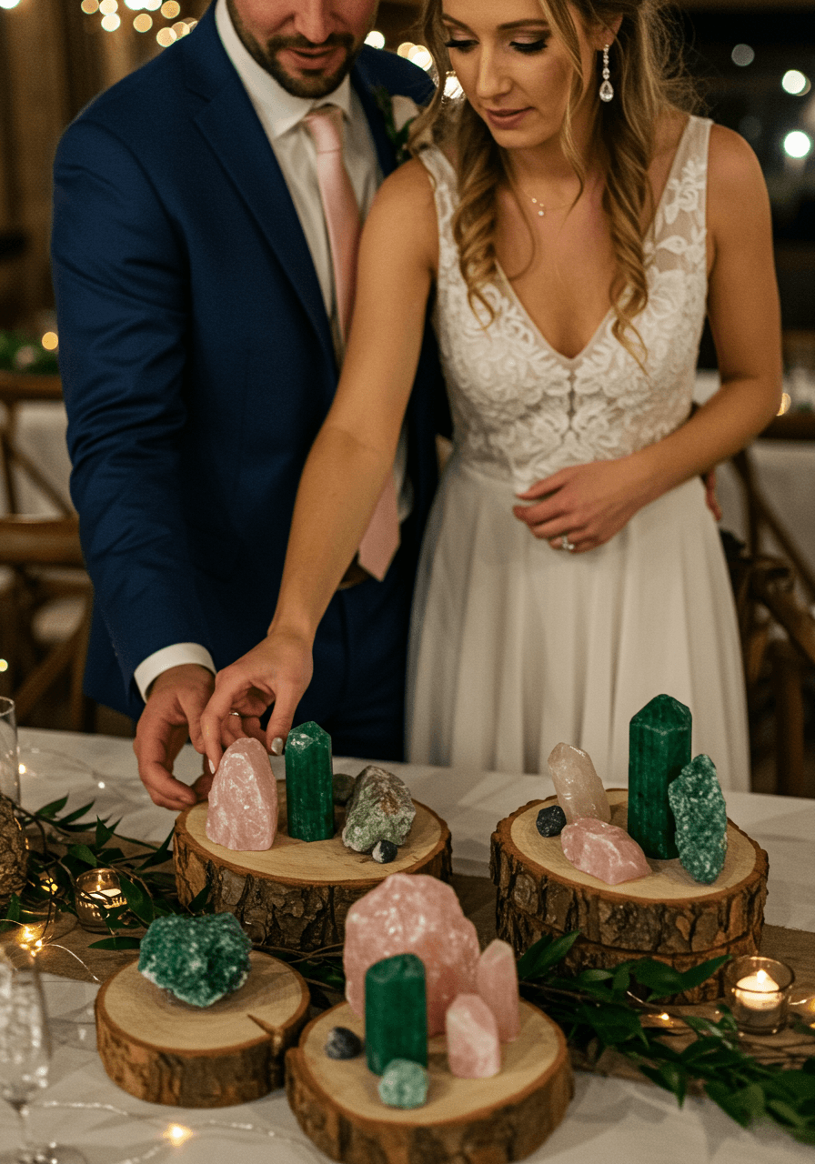 Close-up of couple admiring rough crystal formations and uncut geodes arranged on natural wood slabs with warm ambient lighting