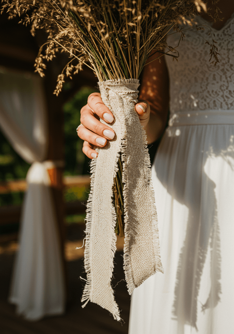 Close-up of bride's hands holding rustic bouquet wrapped in handwoven linen ribbon with visible organic cotton fibres in sunlit garden pavilion