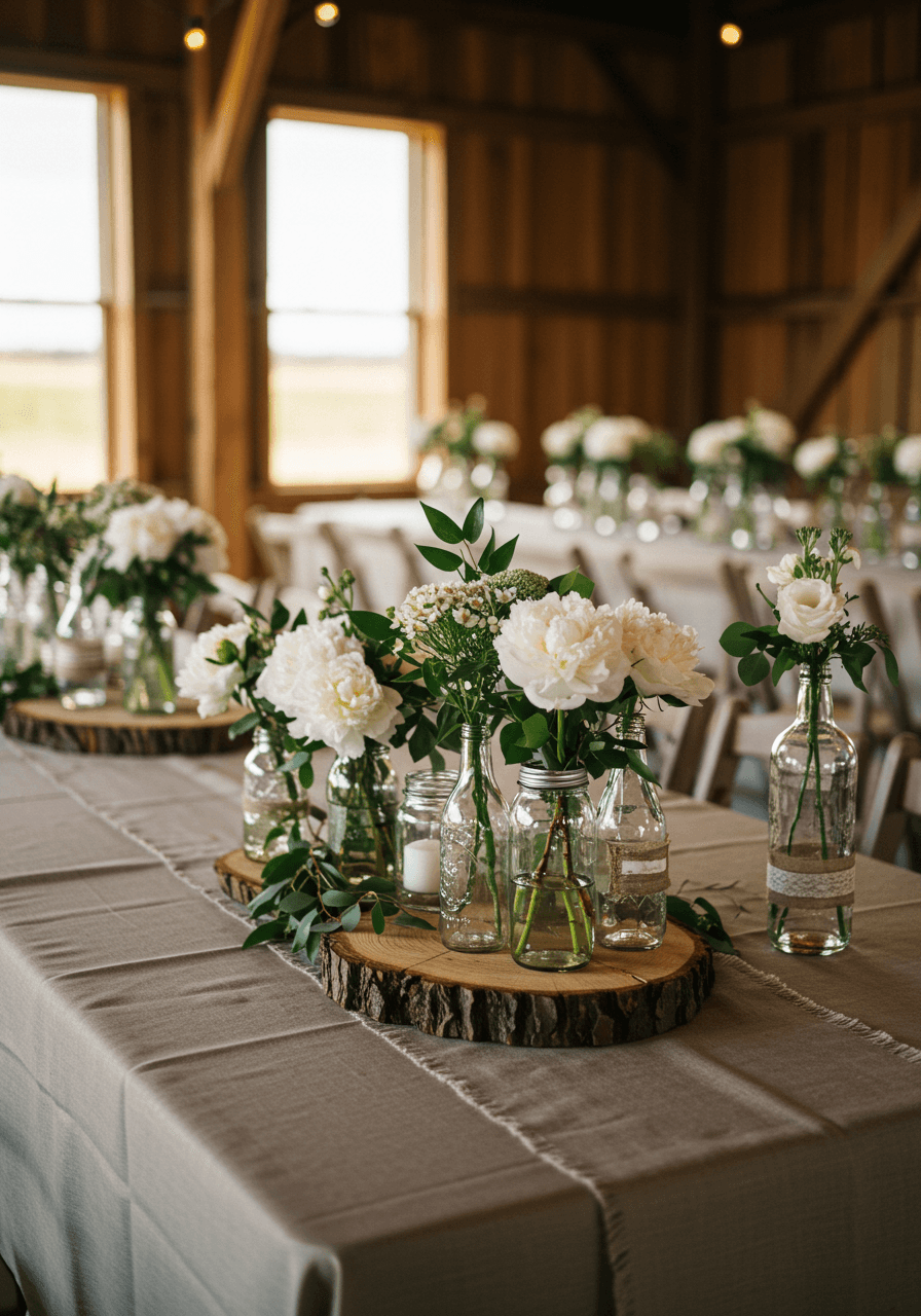 Golden hour barn wedding tablescape with raw edge wooden slabs, white peonies, eucalyptus, and varying height glass bottles creating asymmetrical arrangement