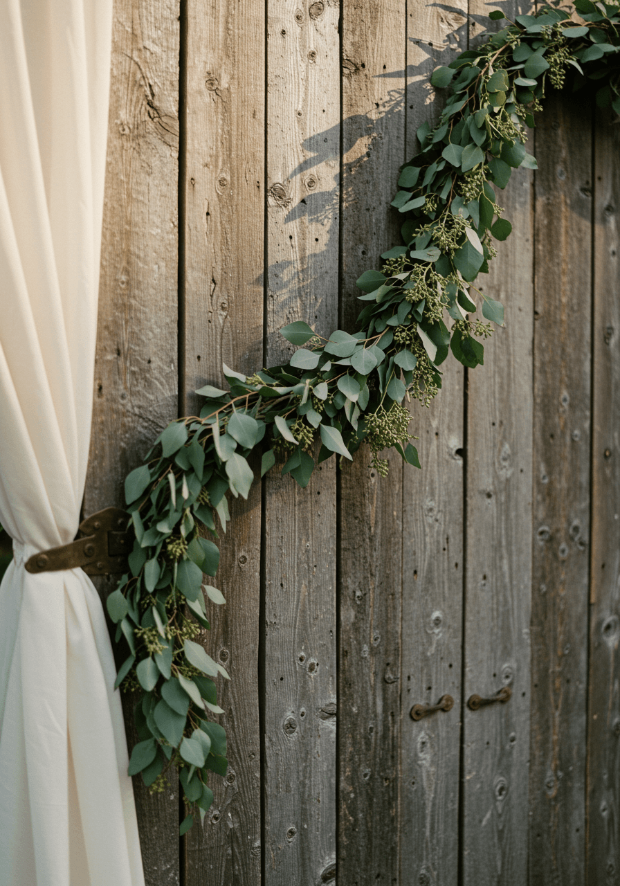 Close-up detail of reclaimed weathered wood wedding backdrop showing natural grain, knots, and eucalyptus garlands during golden hour
