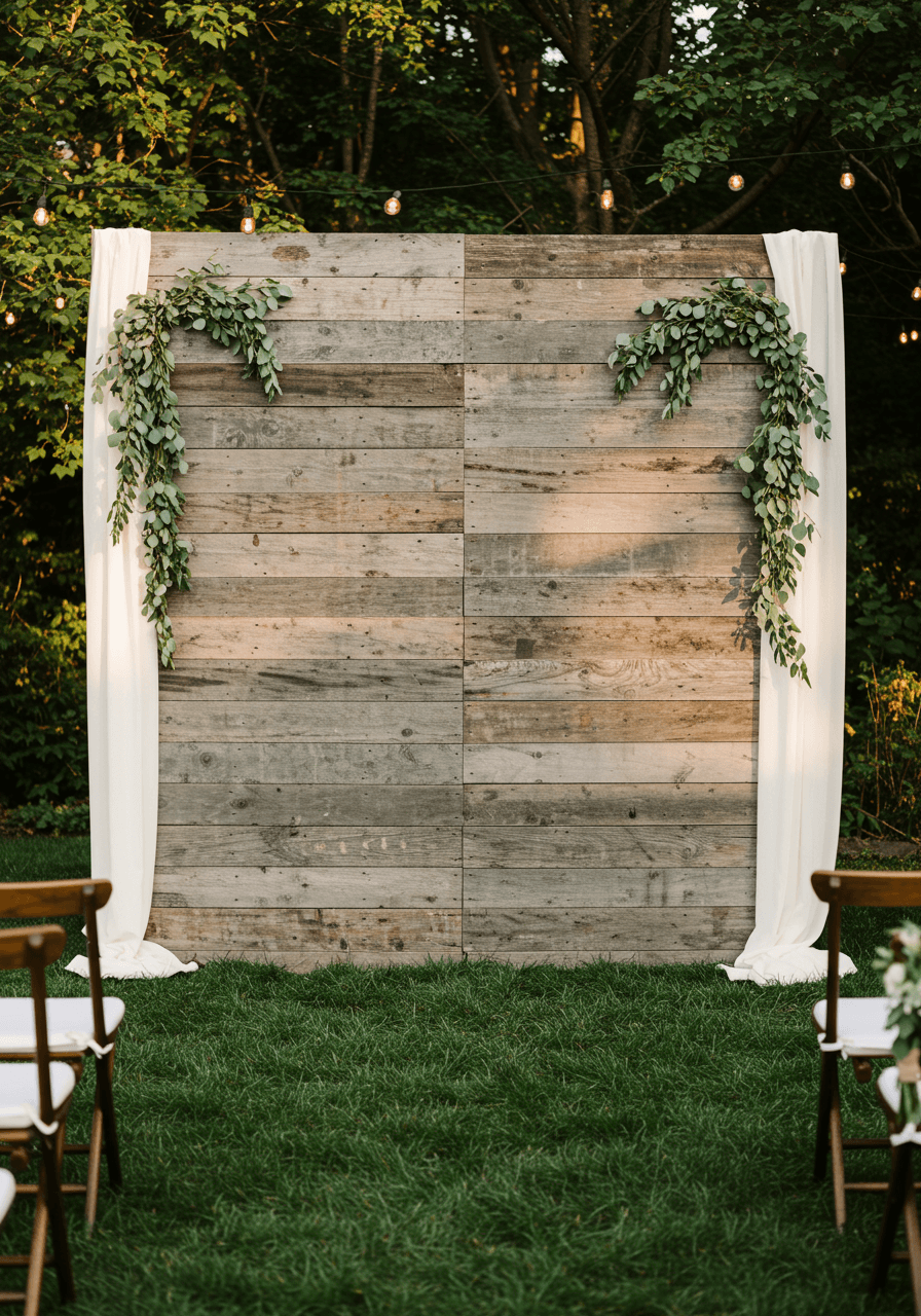Wide view of reclaimed wood ceremony backdrop with uneven planks, ivory fabric panels, and outdoor garden setting in warm lighting