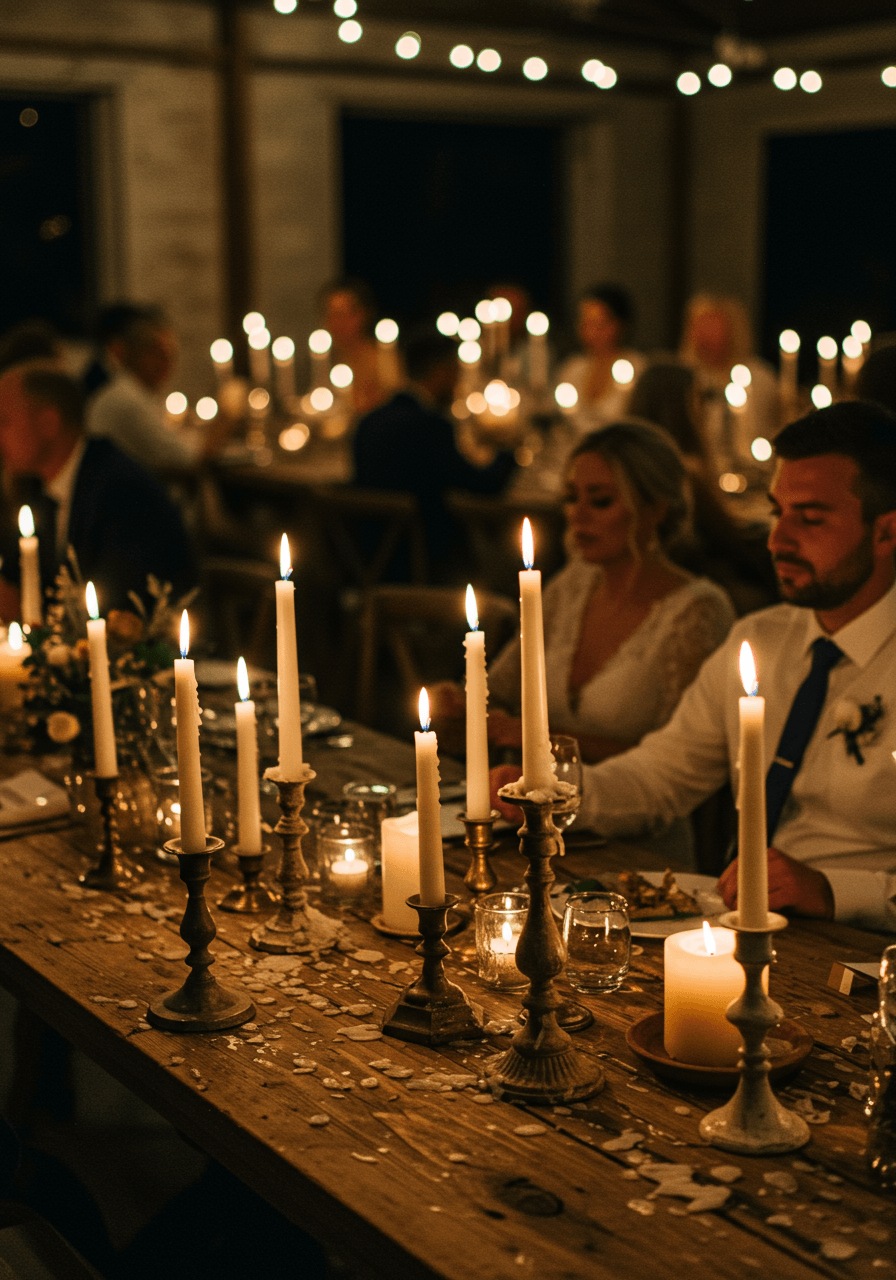 Wedding reception table with intentionally imperfect mismatched vintage candles in varying heights creating intimate lighting with melting wax pools