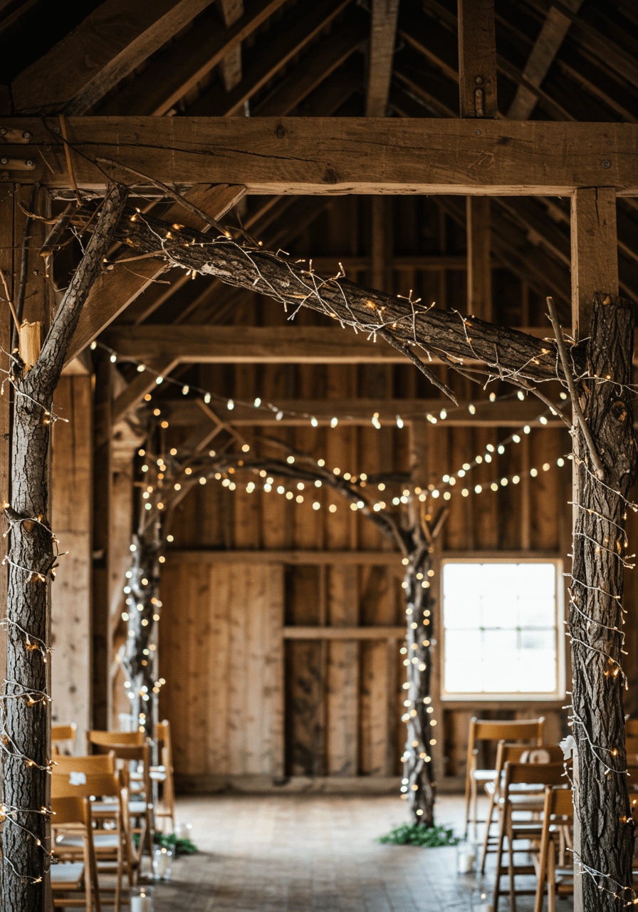 Raw unfinished tree branches suspended asymmetrically from wooden beams in rustic barn with delicate string lights woven between branches