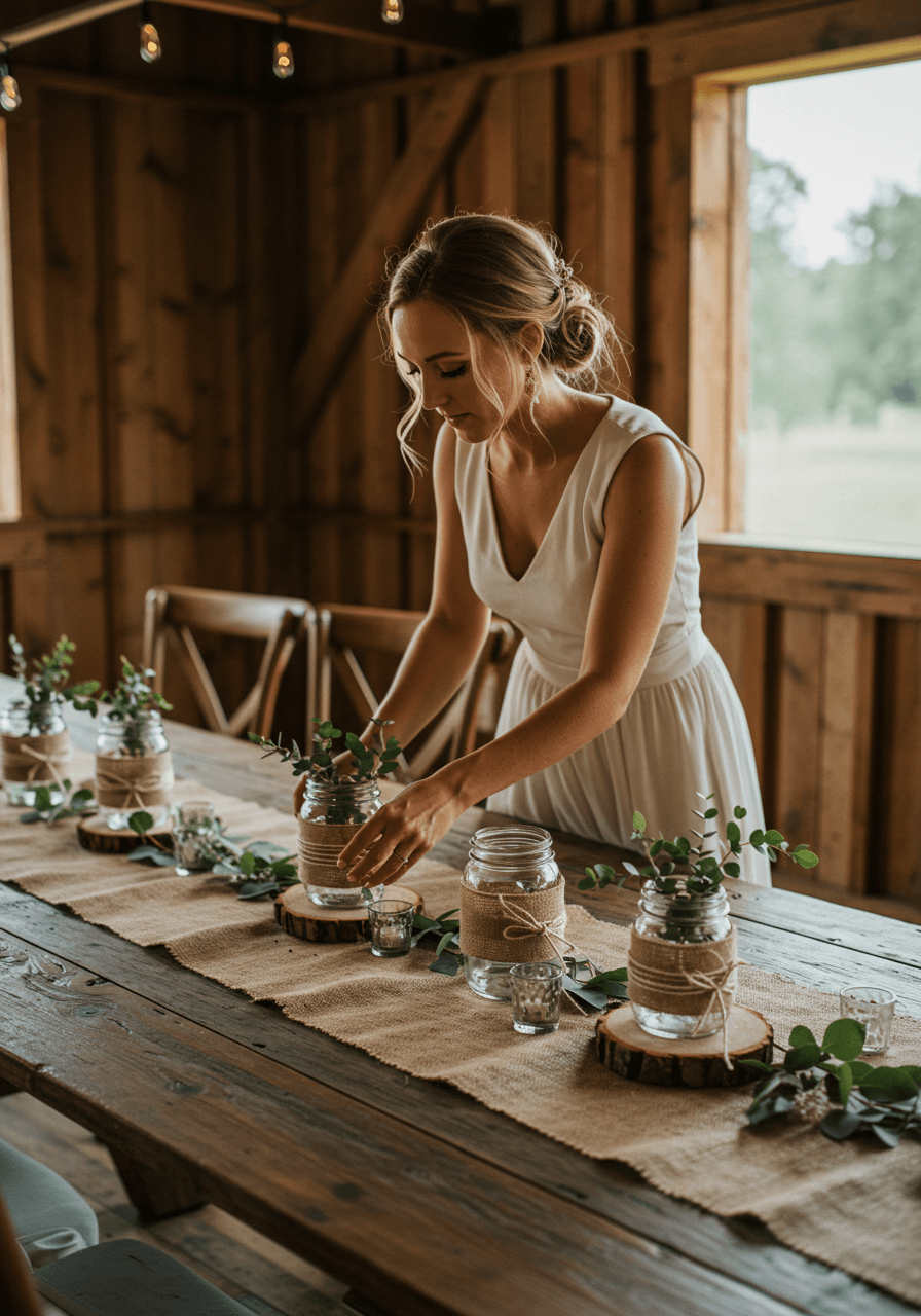 Bride in flowing linen dress arranging rustic centerpieces with jute table runners and hemp cord-wrapped mason jars in barn venue