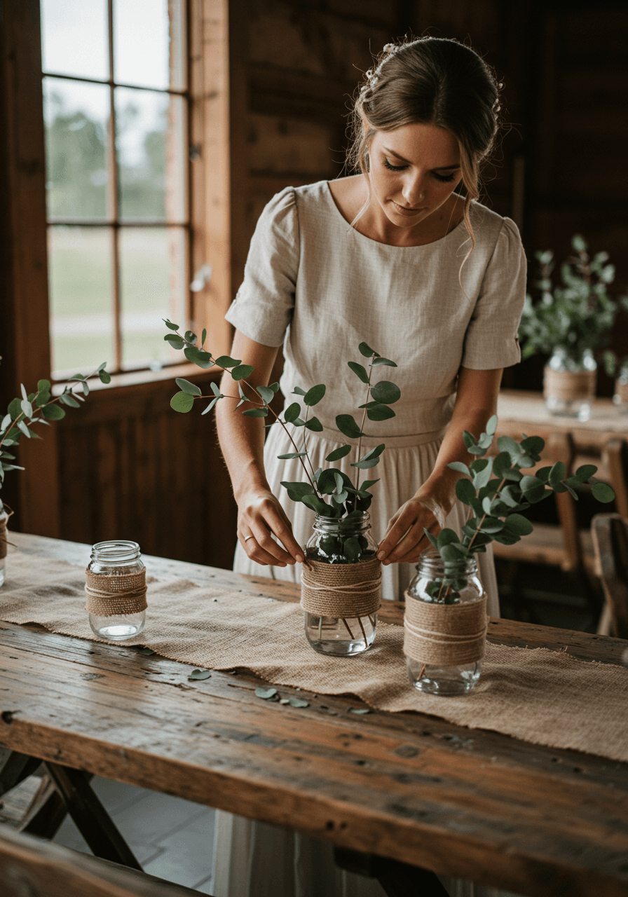 Detail of bride's hands working with eucalyptus sprigs and hemp twine on weathered wood table during centerpiece preparation