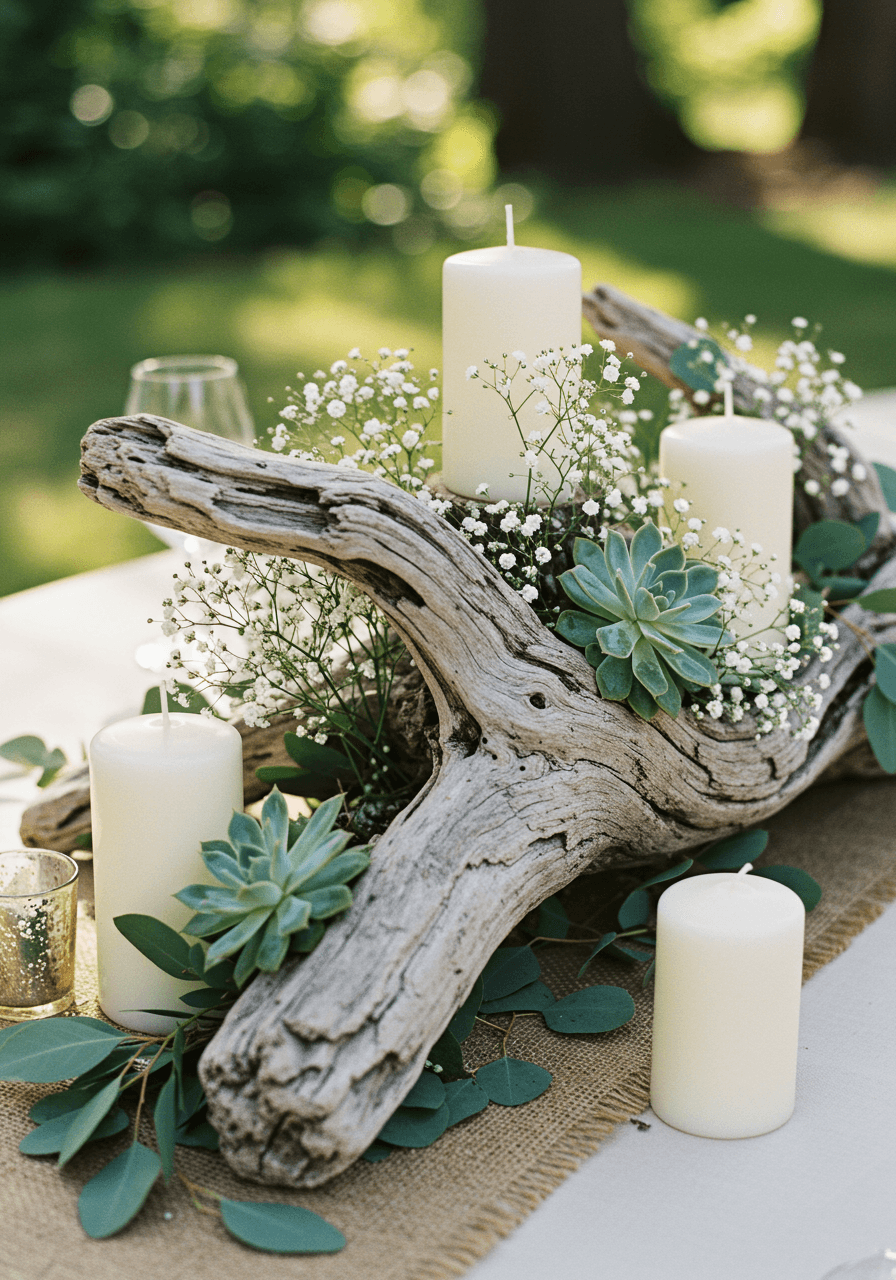 Detailed driftwood wedding centerpiece with asymmetrical white candles, succulent plants, and baby's breath in outdoor garden setting