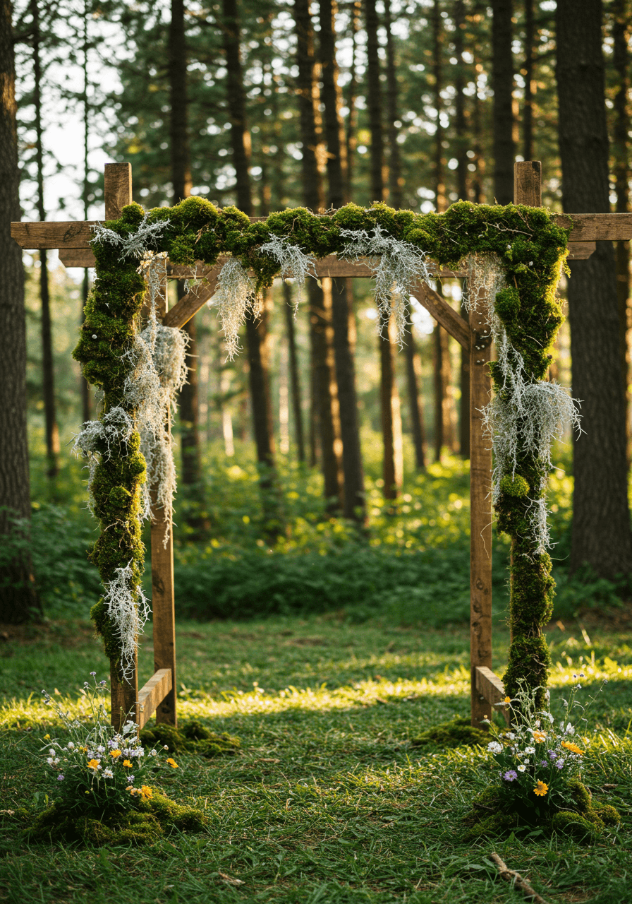 Rustic wooden wedding arch with cascading natural moss and delicate lichen in sunlit forest clearing with emerald and silver textures