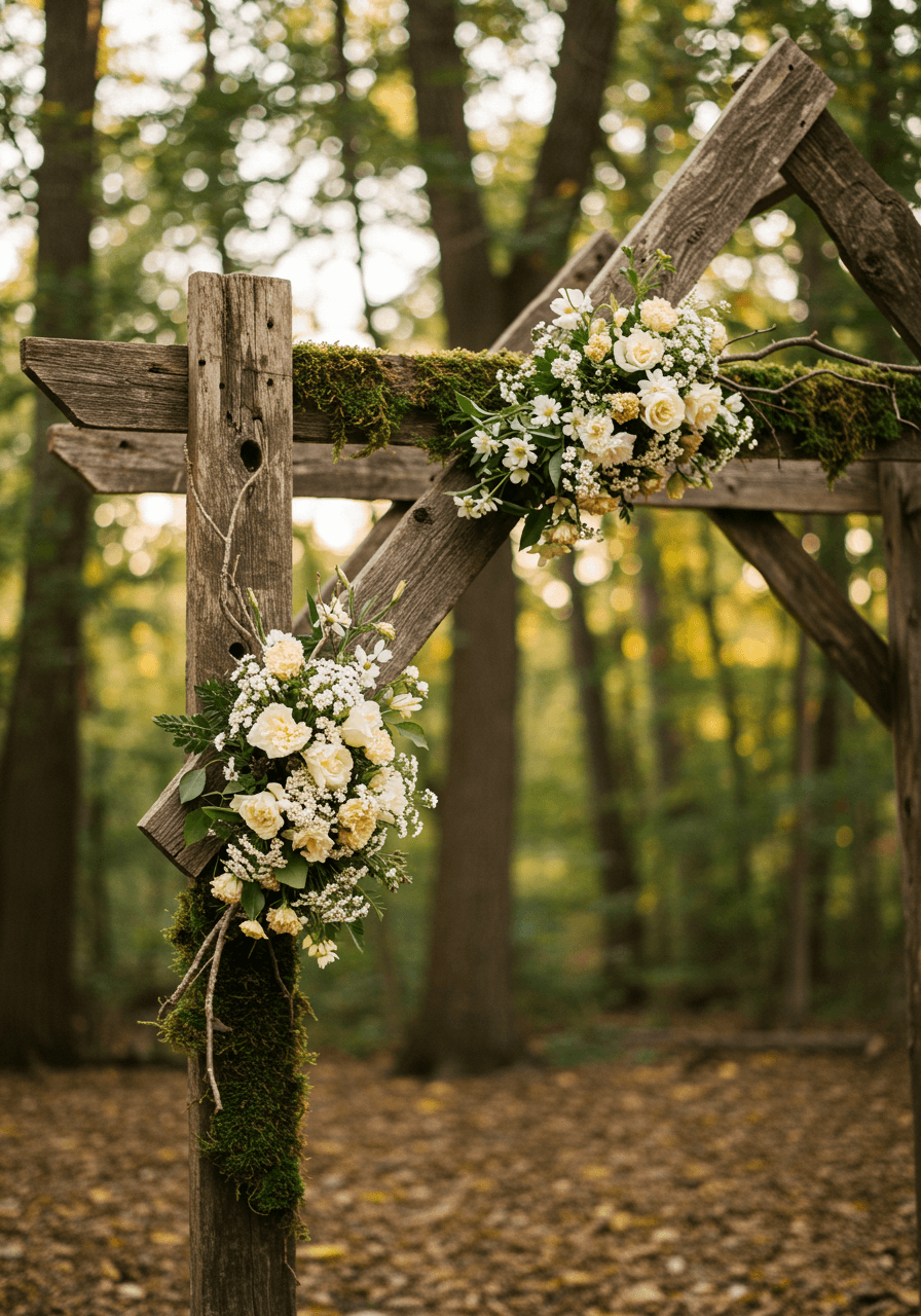 Detail view of weathered ceremony arch showing natural wood grain, moss accents, and white wildflowers in outdoor garden setting