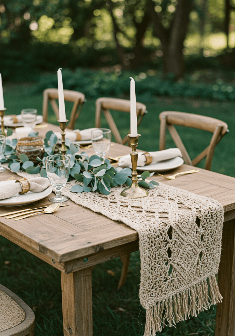 Rustic wedding tablescape with woven jute table runners and hemp napkin rings on natural wood farm table in outdoor garden setting
