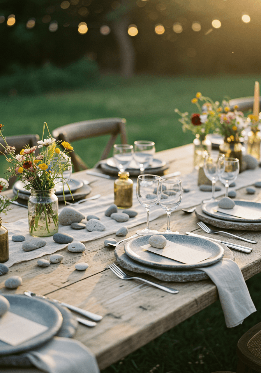 Rustic wedding tablescape featuring natural stone plates and scattered river pebbles on weathered wood farm table with wildflower centerpieces