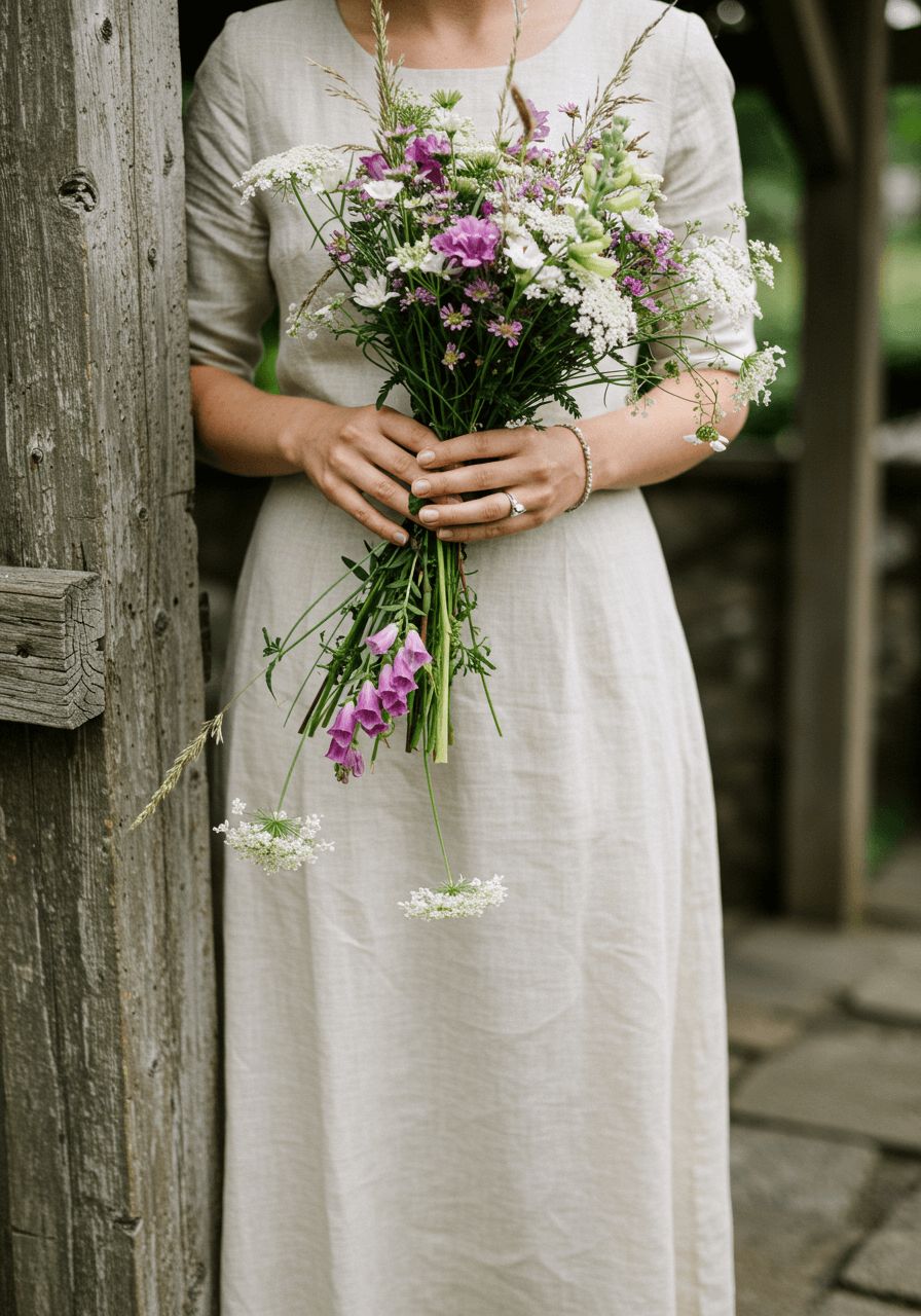 Detail shot of bride adjusting organic wildflower bouquet with natural grasses and meadow flowers in outdoor ceremony setting