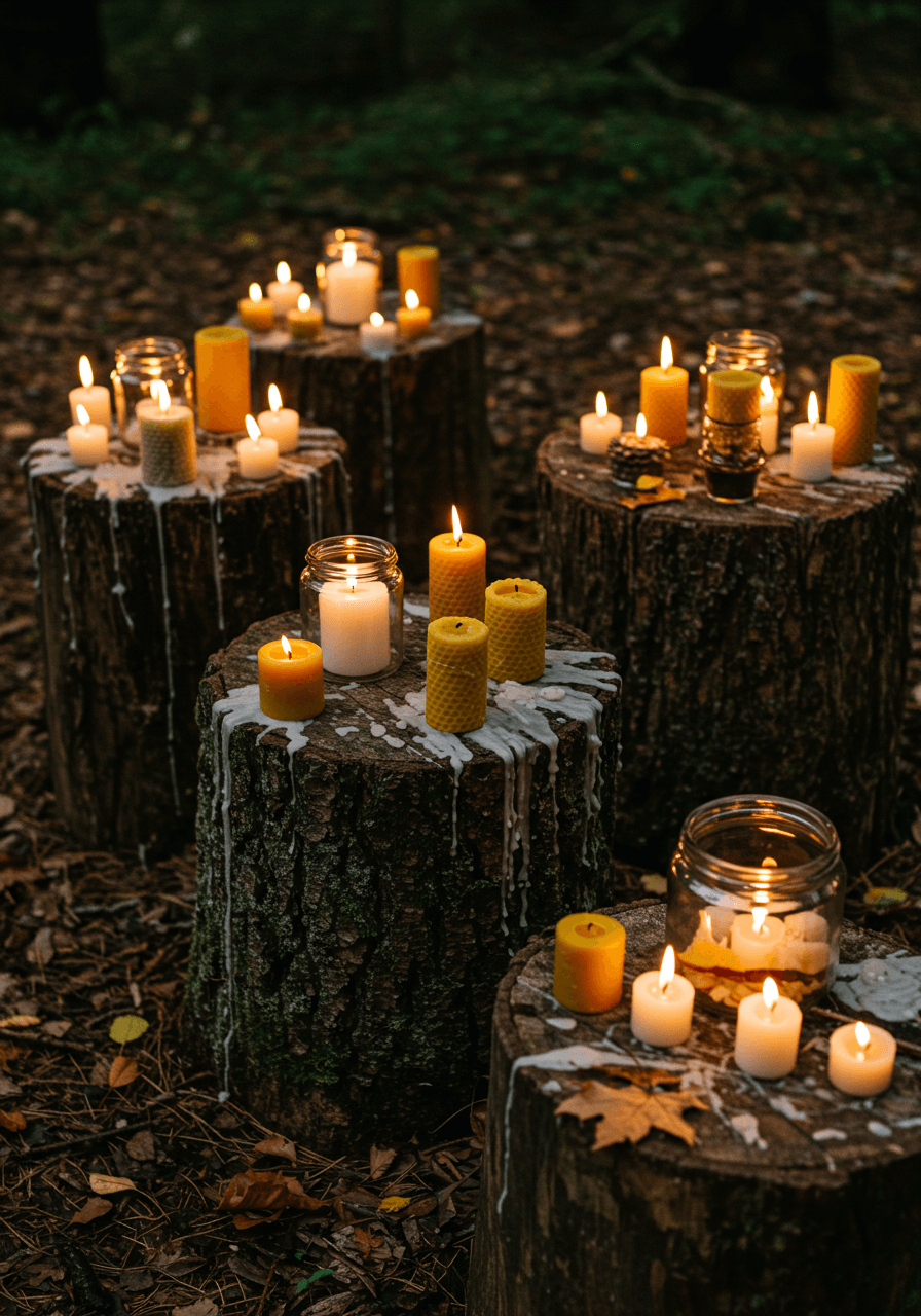 Overhead view of imperfectly placed candles on weathered tree stumps with moss texture and scattered autumn leaves during twilight