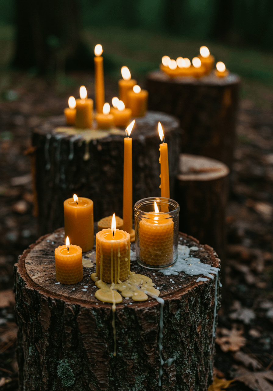 Close-up of candles clustered on moss-covered tree stumps in forest clearing with natural beeswax drippings and twilight atmosphere