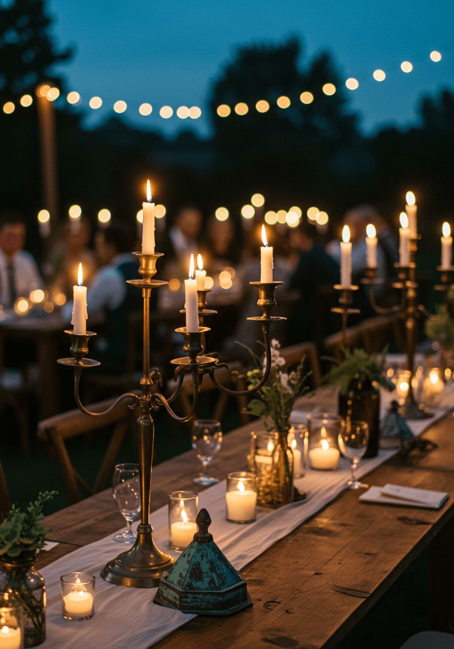 Vintage patina metal candelabras with weathered brass and copper finishes displaying asymmetrical candle arrangements at evening wedding reception