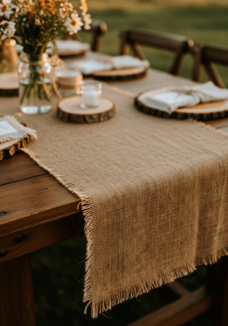 Detail corner view of jute table runner showing natural fibre texture and frayed edges with hemp placemats and wildflower mason jars