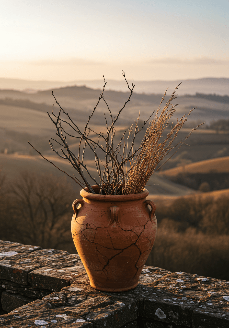 Landscape view of weathered urn arrangement with dried grasses and distant misty hills during late afternoon lighting