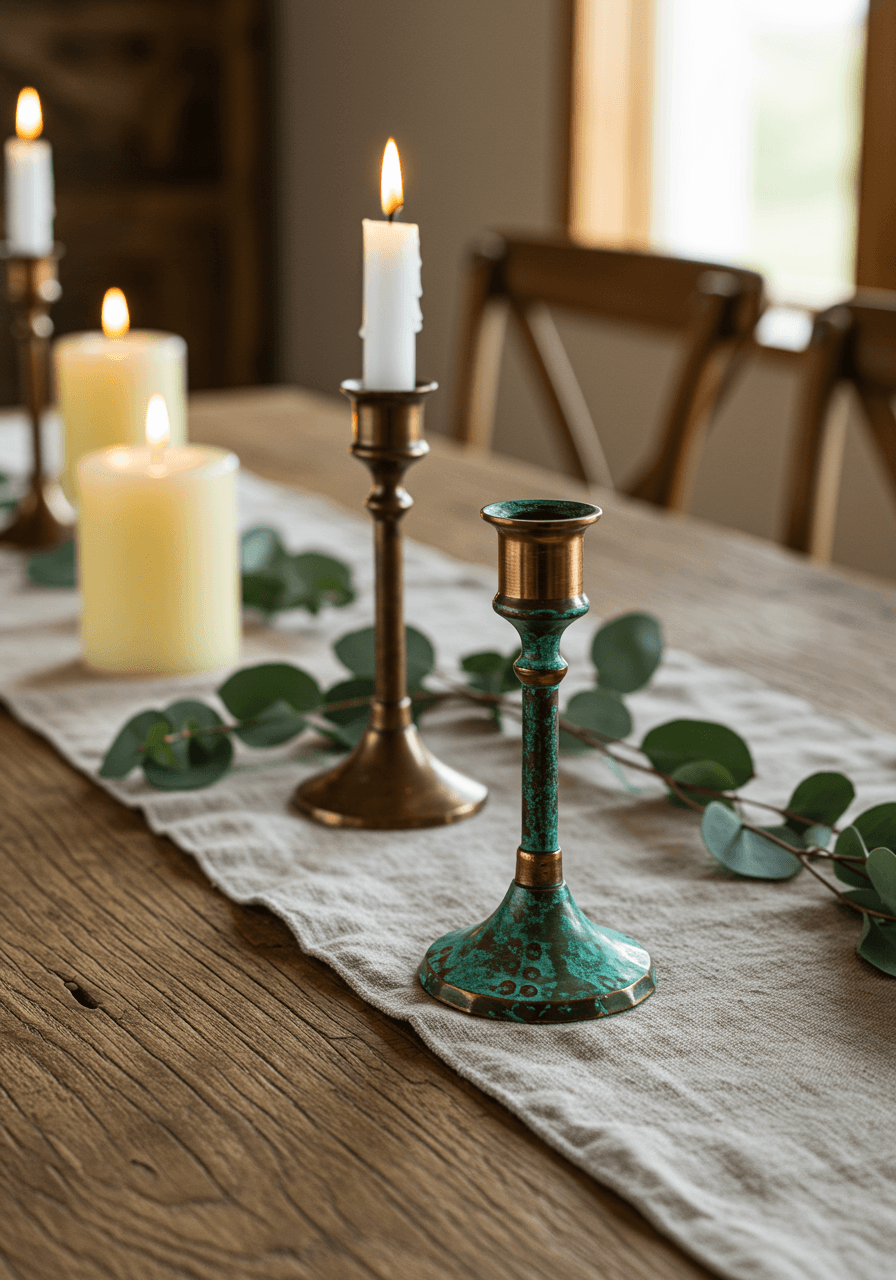 Macro detail of copper oxidation patterns showing turquoise and verdigris patina with natural aging textures and warm candlelight