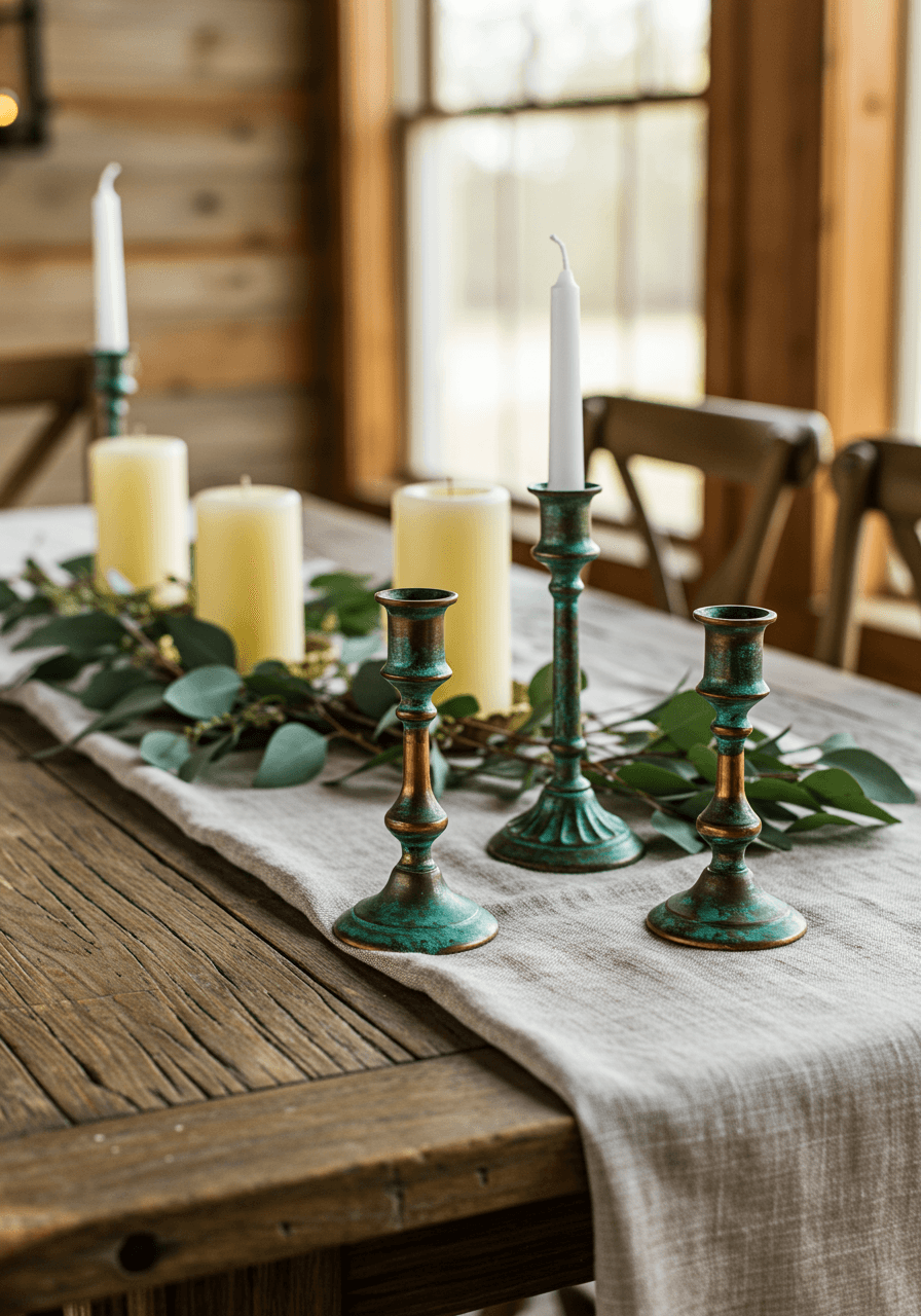 Weathered copper candle holders with blue-green patina arranged asymmetrically on reclaimed wood dining table with warm window lighting
