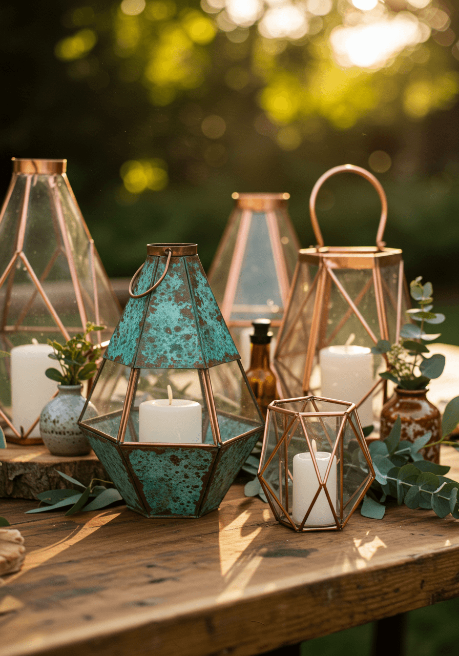 Weathered copper geometric lanterns and candle holders with natural oxidation patterns on live-edge wooden table in garden setting during golden hour
