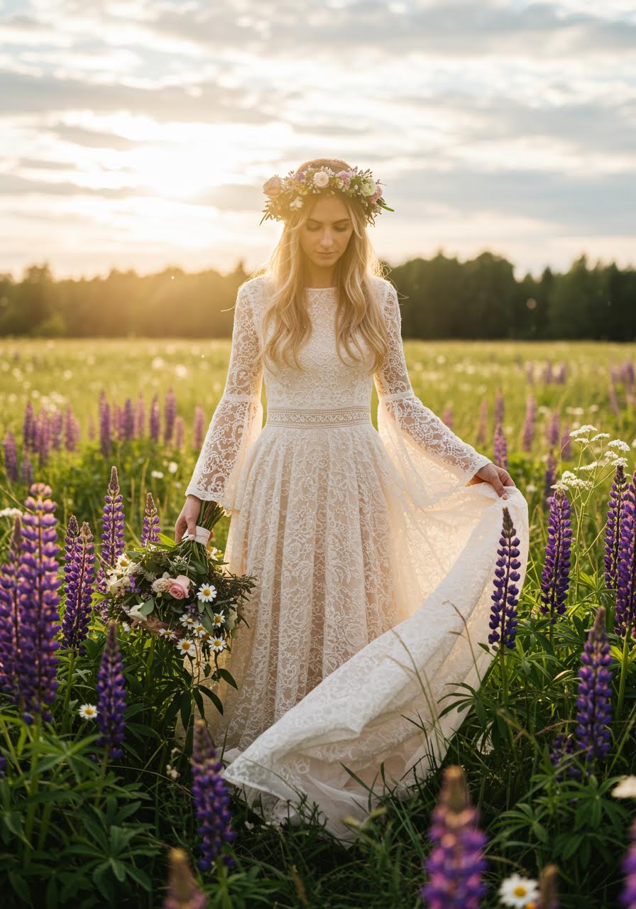 Romantic bohemian wedding dress featuring delicate floral crown and flowing chiffon layers