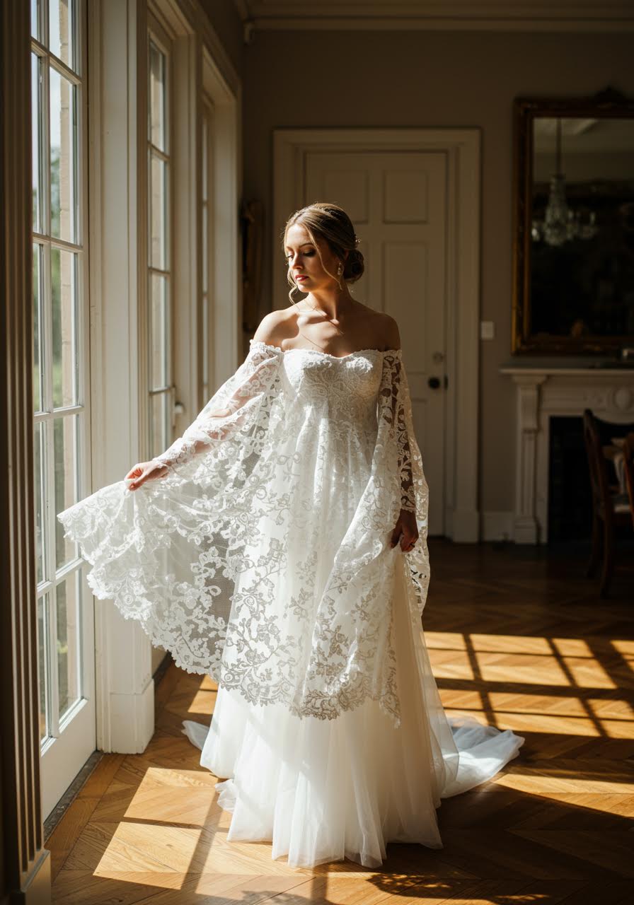 Elegant off-shoulder lace wedding dress with flowing sleeves in vintage manor house