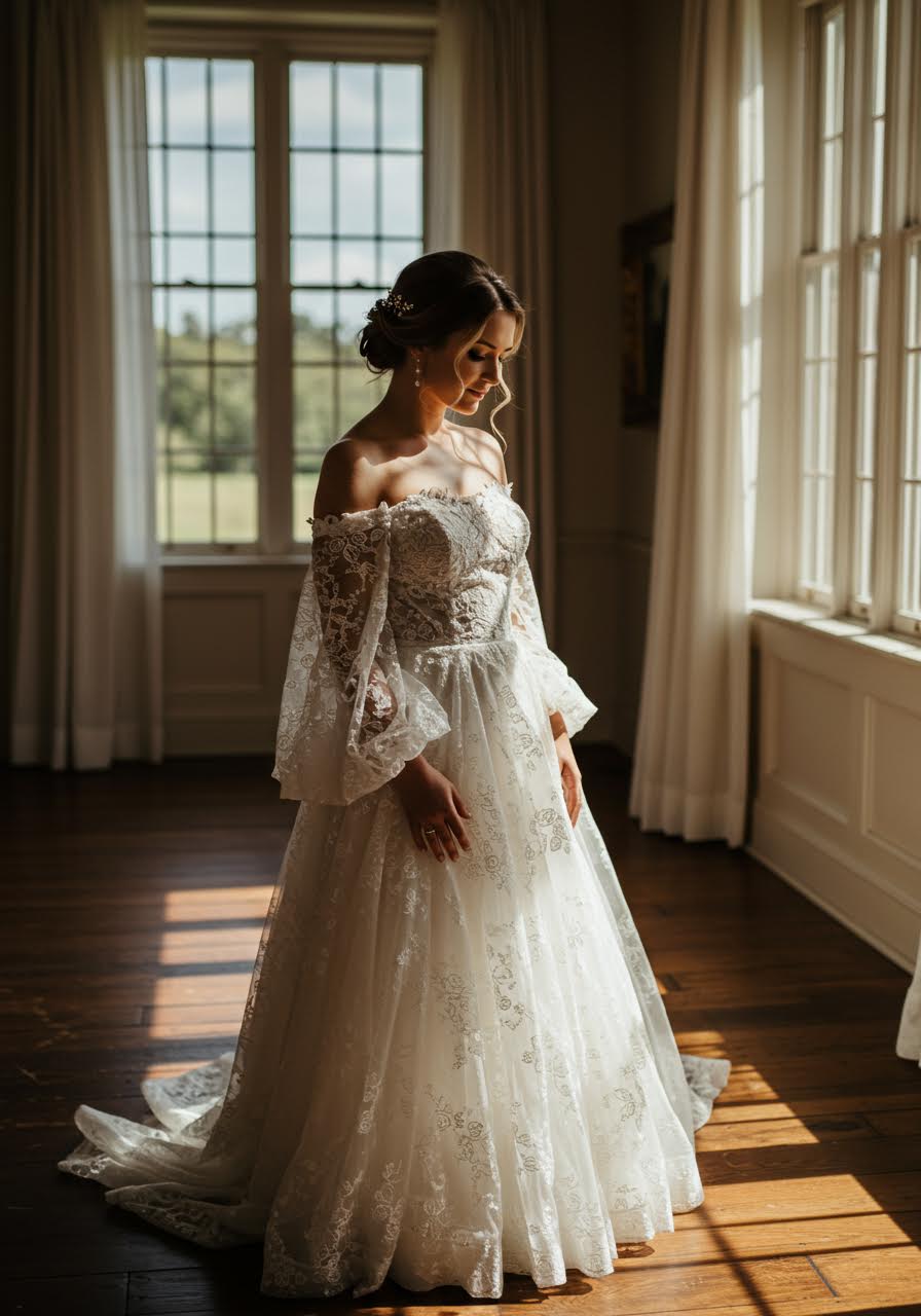 Bride wearing sophisticated off-shoulder lace gown with intricate sleeve details