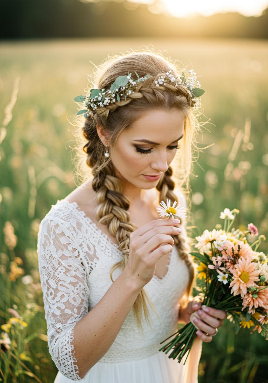 Effortless bohemian wedding braids with sunset glow