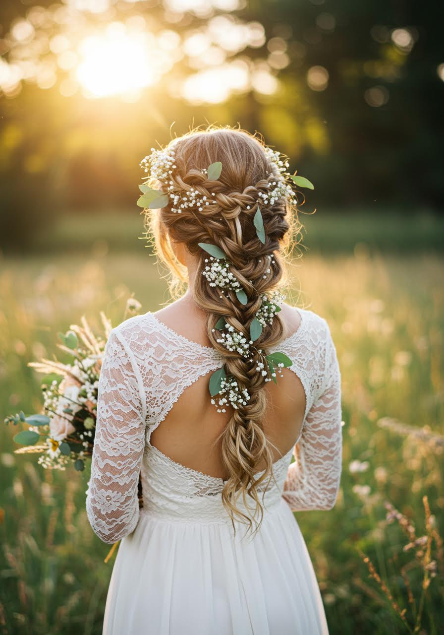 Bohemian bride with loose braids in golden hour outdoor setting