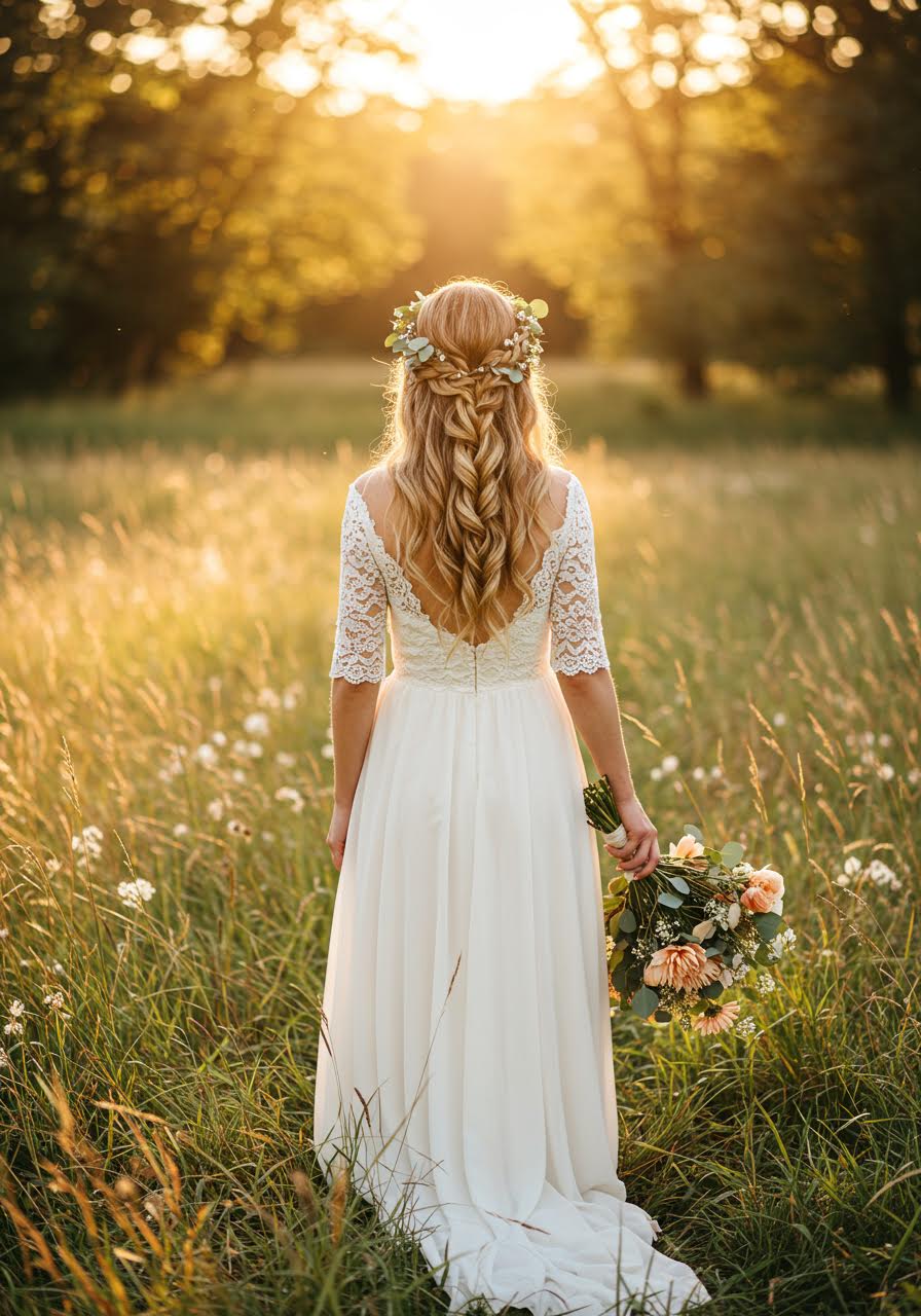 Relaxed boho braid wedding hairstyle in natural lighting