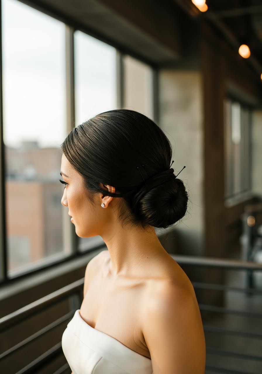 Textured low bun with architectural detail in golden hour light