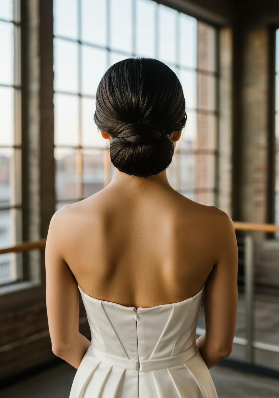 Detailed low bun wedding hairstyle in urban loft setting